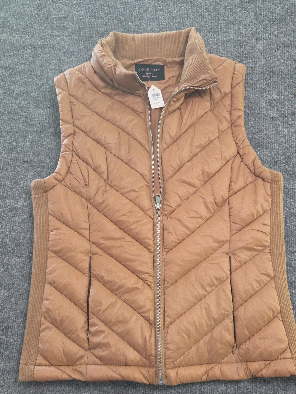 Love Tree Camel Quilted Zip-Up Vest